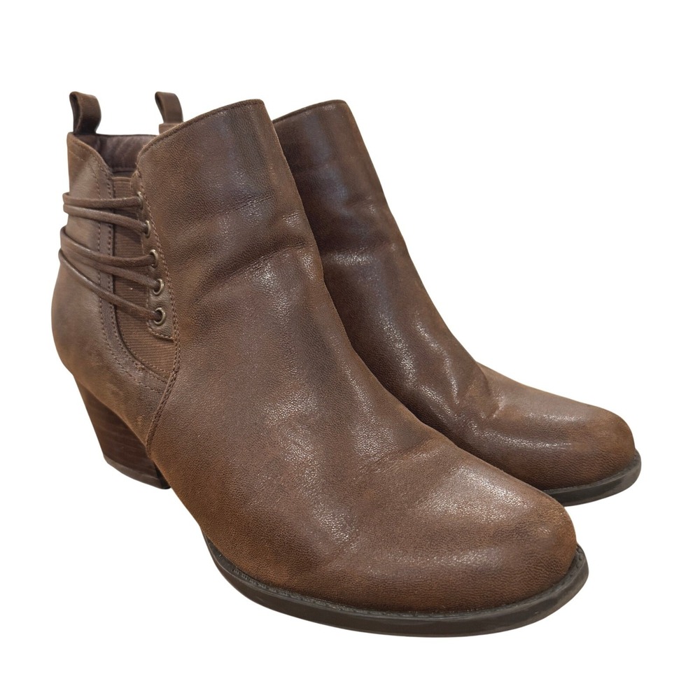 Baretraps Raewyn Ankle Boots Heeled Side‎ Zip Brown Faux Leather 9.5 Boho Rustic